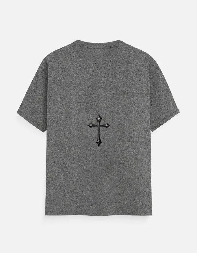 Gray short-sleeve t-shirt with a black gothic cross design in the center