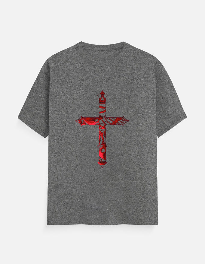 Gray t-shirt with a red ornate cross design in the center