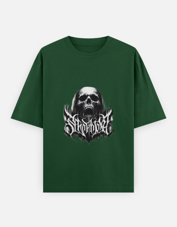 Dark green oversized t-shirt with a large black and white skull graphic and stylized gothic text