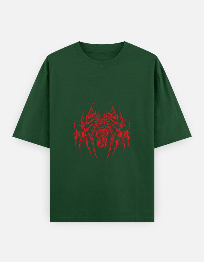 Dark green oversized t-shirt with intricate red spider graphic design on front