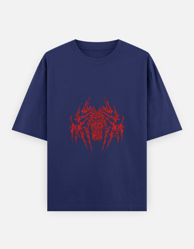 Navy blue T-shirt with a central red intricate spider graphic design on front
