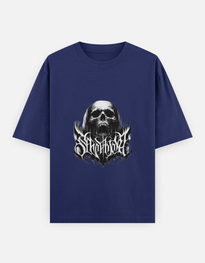 Navy blue t-shirt with black and white skull graphic and stylized gothic text design