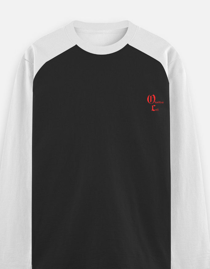 Black and white raglan long sleeve shirt with small red Gothic style text on left chest