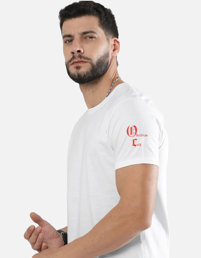 Man wearing a white t-shirt with red gothic text reading 'Obsidian Cult' on the left sleeve